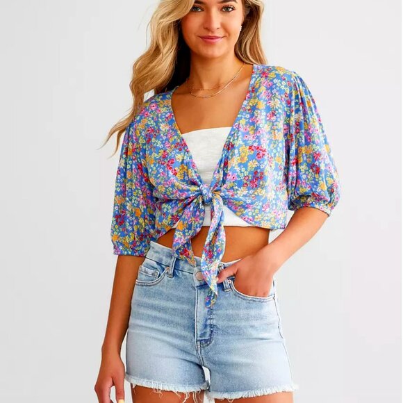 BILLABONG As You Wish Floral Tie Front Crop Top, S NWT - Picture 2 of 11